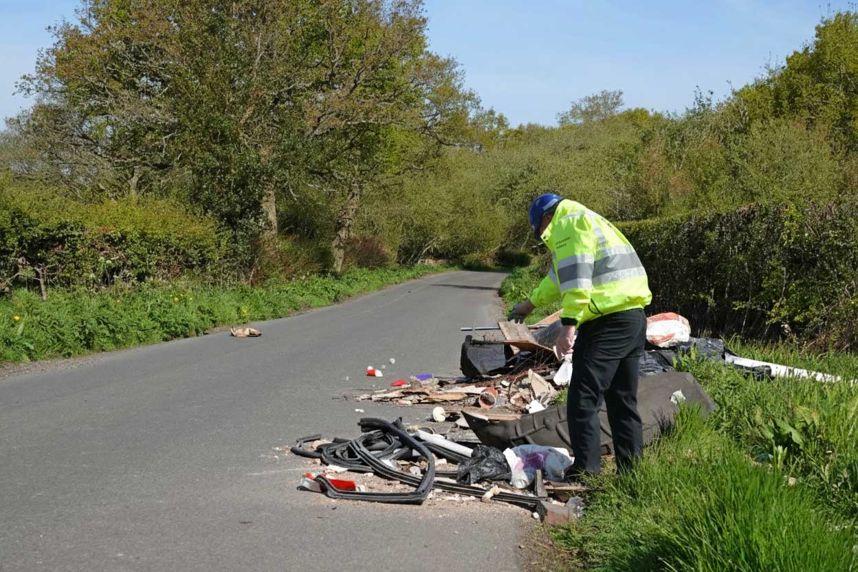 Officer in high viz inspecting flytipping on a roadside