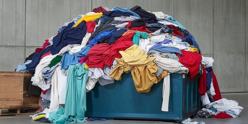 Pile of discarded, used textiles in bin Pile of discarded, used textiles in bin