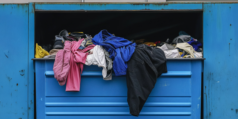 Blue bin filled with waste clothing Blue bin filled with waste clothing