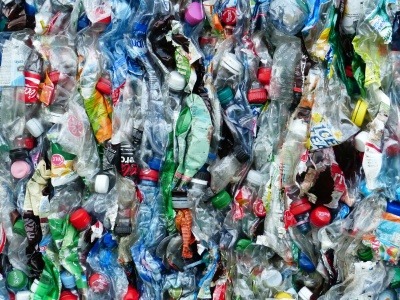 Close-up of crushed and baled plastic bottles