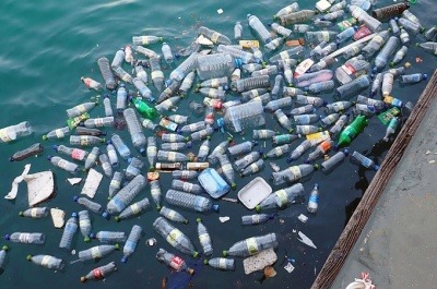 Plastic bottles floating in the ocean