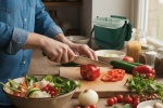Person preparing food with scraps put in a food waste caddy