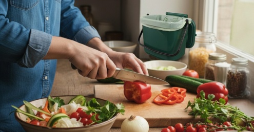 Person preparing food with scraps put in a food waste caddy